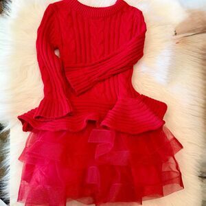 Bonnie Jean Cable Knit Sweater Dress Tiered Tulle Skirt Red 4T Girls New NWOT